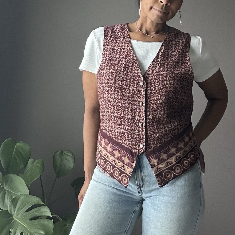 Vintage Jantzen Vest Women's Size Large Maroon Brown Geometric Print Boho 90s - Picture 2 of 10